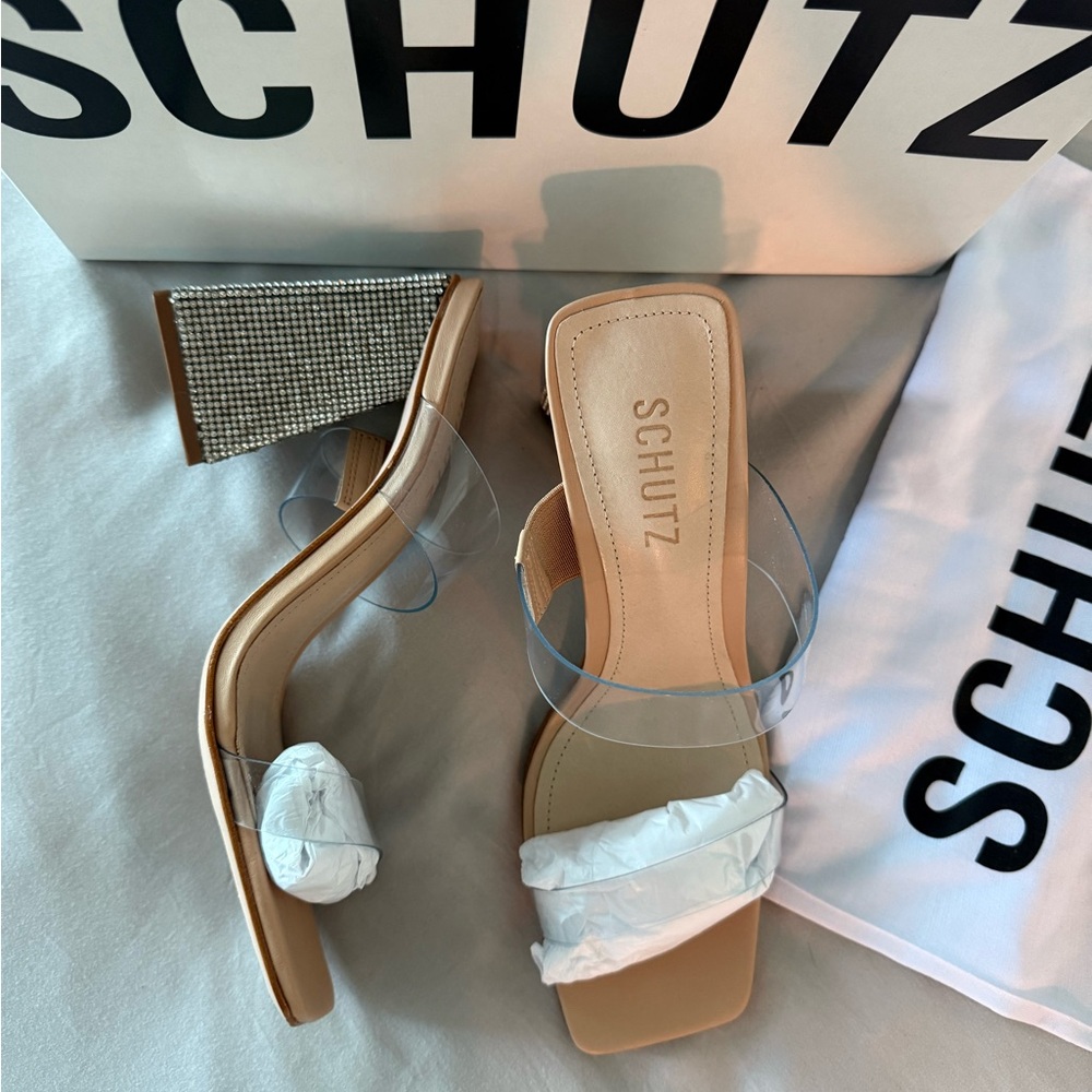 NWT SCHUTZ Ariellen Vinyl/ Crystal Block Heel Sandals